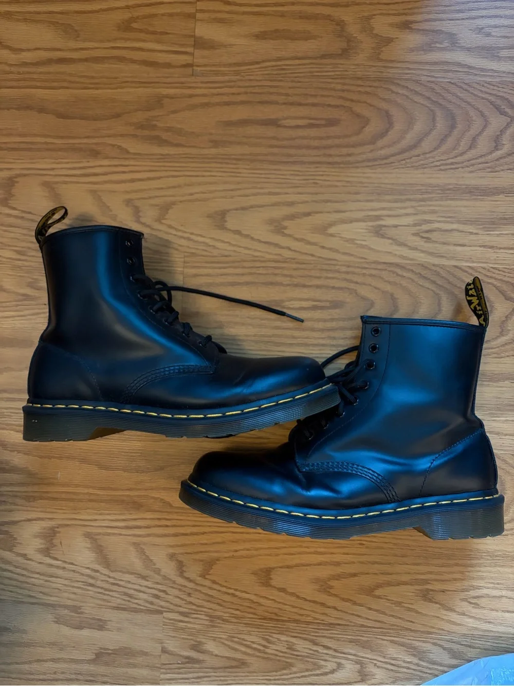 Dr. Martens Black Leather Lace-Up Boots with Yellow Stitching